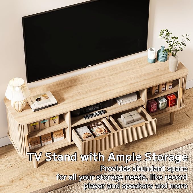 62.4 Inch Fluted TV Stand, Modern Media Console Table with Sliding Tambour Door Farmhouse Sideboard Buffet Cabinet Fits TVs up to 75 inch, Wood Entertainment Center for Living Room(Oak) - Image 7