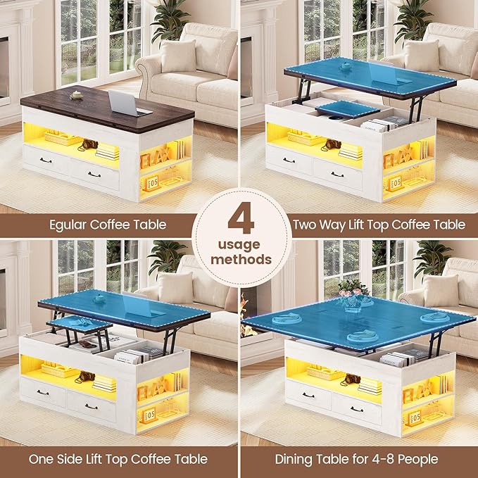Itaar Lift Top Coffee Table, 4 in 1 Coffee Tables with Storage and Hidden Compartment, Farmhouse Coffee Table with 2 Fabric Drawers & LED Light for Living Room, White