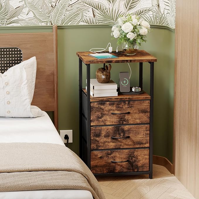 Fixwal Night Stand with 3 Fabric Drawers, Nightstand for Bedroom, Bedside Table with Charging Station End Table with Storage, Rustic Brown - Image 2