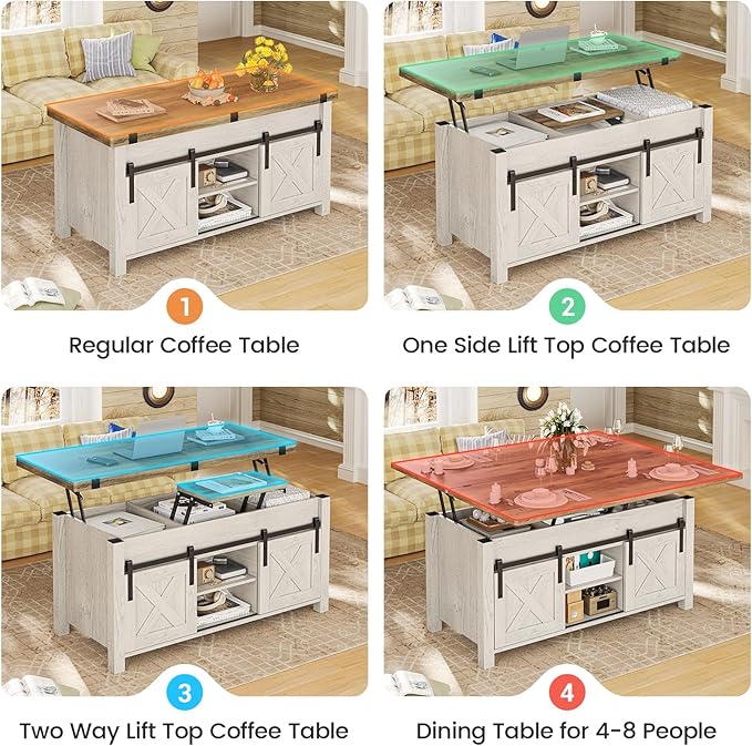 SEDETA Lift Top Coffee Table, 4 in 1 Multi-Function Convertible Coffee Tables with Storage and Hidden Compartment, Farmhouse Coffee Table Converts to Dining Table for Living Room, Brown Top | 4 in 1, Multi-Function, Storage, Hidden Compartment, Living ...