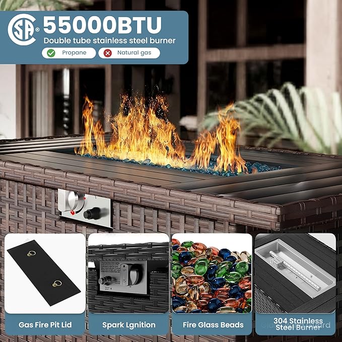Patio Furniture Set with Fire Pit Table 5 Piece, Outdoor Conversation Sets Brown Wicker Rattan Sectional Sofa for Deck Garden Backyard, 4'' Thickened Cushion Dark Grey