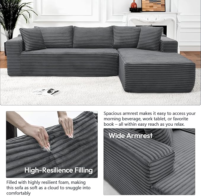 Cloud Sectional Couch, 105" Modular Sectional Sofa with Left Chaise Lounge, Modern Modular L-Shape Sofa with Pillows & Deep Seat, Boneless Couches for Living Room Bedroom, Dark Grey