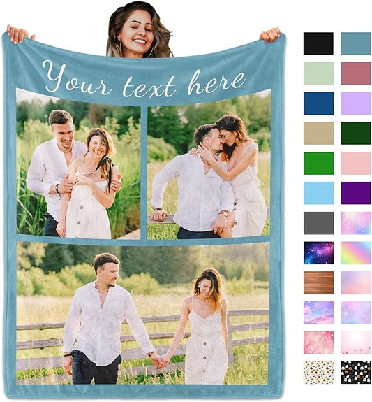 Custom Blanket with Picture Text, Personalized 3 Photo Blanket, HD Printing Customized Flannel Throw Blanket Gifts for Mom Dad Couple Girlfriend Boyfriend Wife Husband Christmas