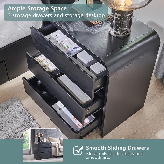 Aitjunz 25" Tall Modern Nightstand Set of 2, 23.6" Wide Wood Bedside Table with Charging Station, 3 Storage Drawers Side Table w/Curved Profile Design, End Table for Bedroom, Black - Image 5