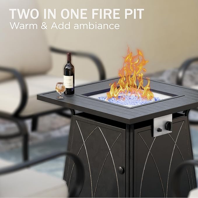PHI VILLA 5 Piece Patio Furniture Set with 28" Firepit Table, 4 Outdoor 5.75" Cushioned Metal Frame Swivel Sofa Chairs & 28" Gas Firepit Table, Outside Furniture Set for Lawn Garden(Red)