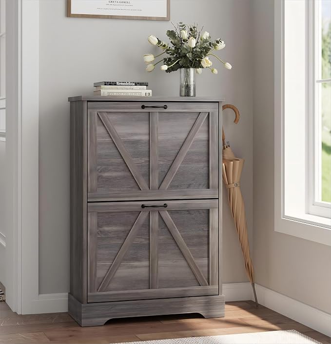 Smart FENDEE Shoe Cabinet, Shoe Storage Cabinet for Entryway with 2 Flip Drawers, Narrow Farmhouse Shoe Organizer Cabinet, Slim Shoe Rack Cabinet, Gery by SmartFENDEE