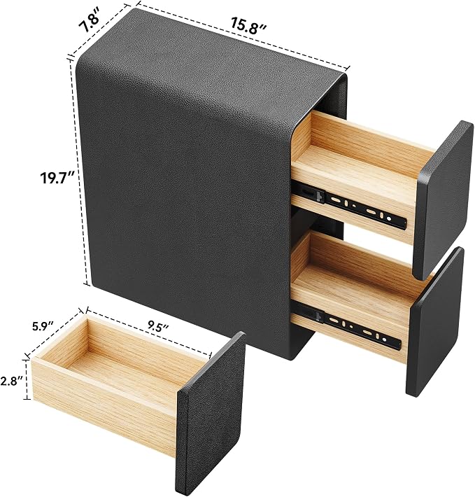 7.8" W Leather Narrow Nightstand Set of 2, Modern Fully-Assembled Bedside Table with 2 Drawers, White Night Stand Small Accent End Table & Side Table for Bedroom, Black - Image 2
