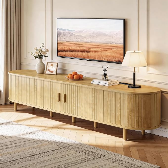 80" Mid Century Modern TV Stand with Power Outlet, Fluted Entertainment Center with Storage and Adjustable Shelves, Wood TV Console with Sliding Doors for Living Room, Oak by Unknown