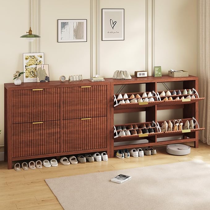 YOMILUVE Shoe Cabinet Storage for Entryway, Fluted Walnut Shoe Cabinet with 4 Flip Drawers, Hidden Shoe Rack Freestanding Wooden Shoe Organizer with Legs for Hallway - Image 8