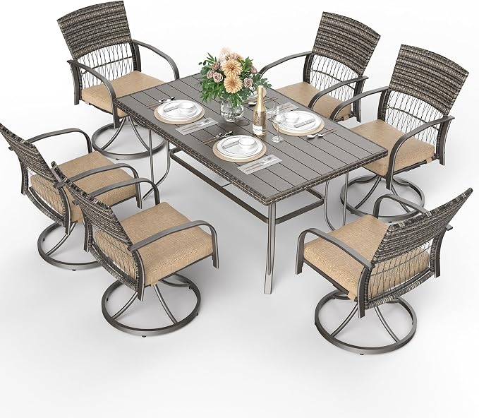 Pamapic 7-Piece Outdoor Dining Set with Swivel Rocker Chairs, Wicker Patio Furniture for 6, Poolside Garden Deck with Iron Table & Removable Cushions(Beige) by Pamapic