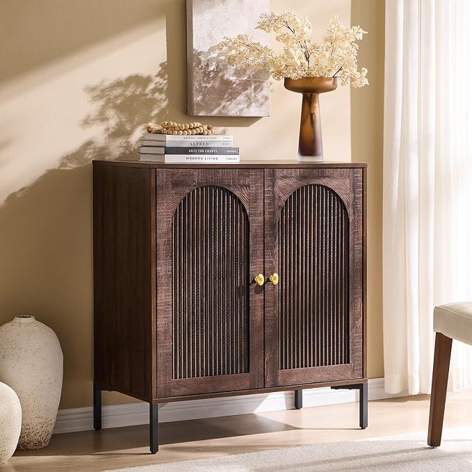 IFGET Modern TV Stands for 65 Inch TVs, 34" Tall Wood Entertainment Center w/Adjustable Shelves, Mid Century Modern TV Stand w/Arched Fluted Doors, Media Console Cabinet for Living Room, Brown by IFGETEnrichYourLivingSpace