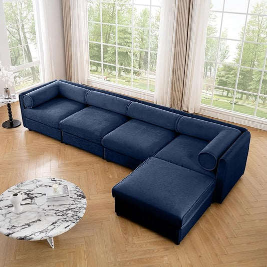 KEIKI 143" L-Shaped Modular Chenille Sectional Sofa with Storage Seat, 1 Ottoman, Modern 4-Seater Couch with Cylindrical Backrest and Armrests, Easy Assembly, for Apartment, Living Room, Blue