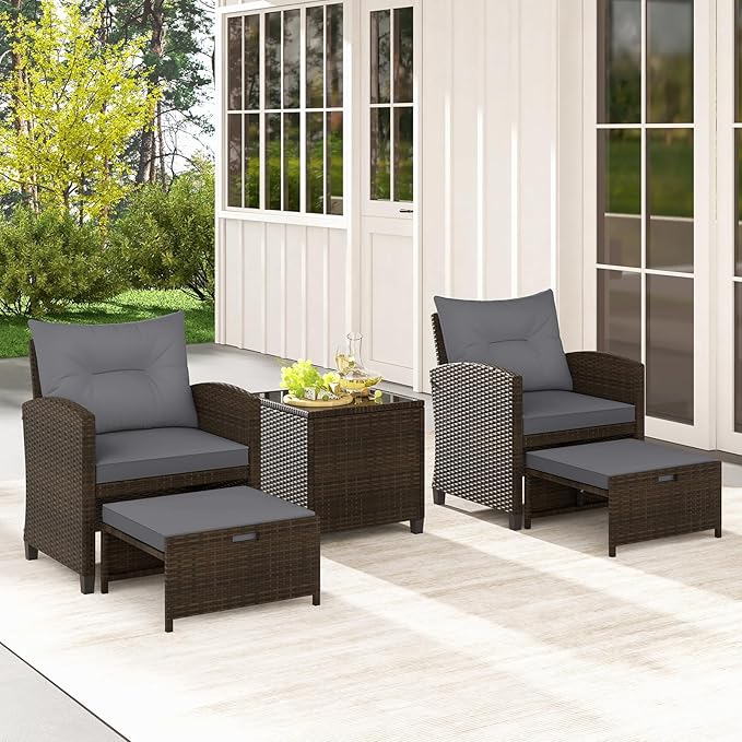 Tangkula 5 Pieces Patio Conversation Set, PE Wicker Rattan Outdoor Furniture Set with 2 Chairs, 2 Ottomans & Tempered Glass Coffee Table, Ideal for Poolside, Backyard, Lawn, Deck, Mix Brown & Grey