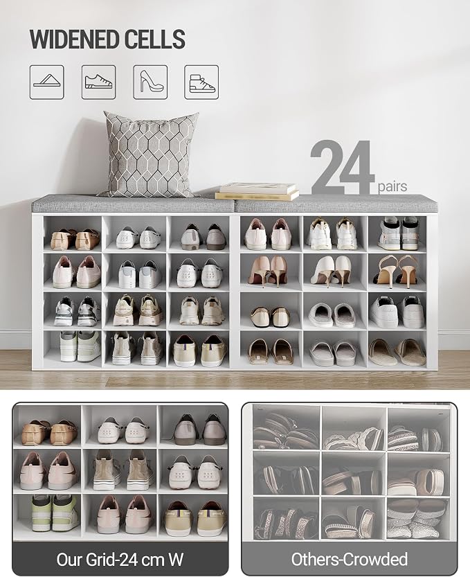 Hzuaneri Shoe Storage Bench with Cushion, Entryway Storage Bench with 24 Cubbies, 9.5" Widened Organizer Cabinet, Long Cubby Rack for Living Room, Bedroom, Entryway, White SB32403GY - Image 4