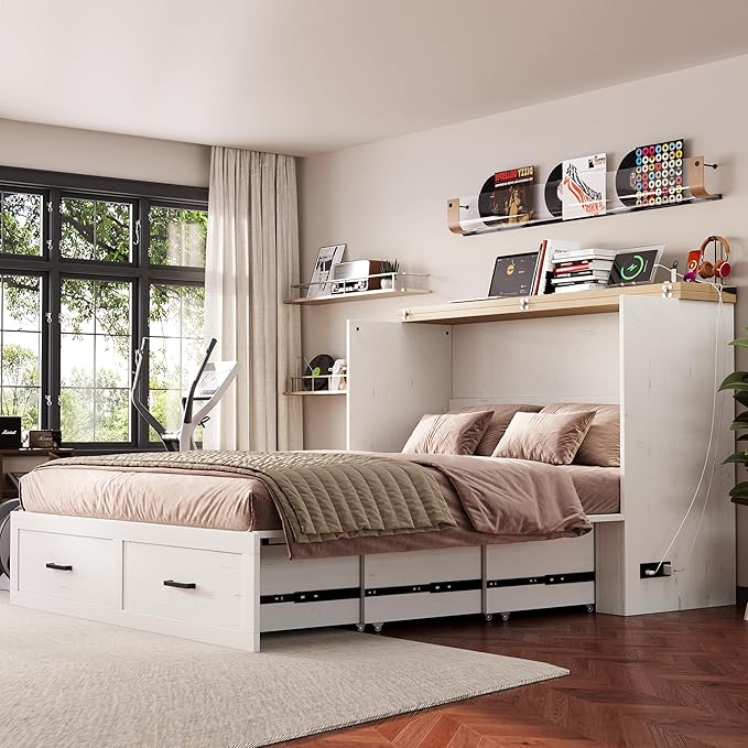 Bellemave Queen Murphy Bed, Cabinet Bed with Charging Station and 1 Large Storage Drawer, Farmhouse Murphy bedframe with Foldable Panel, Noisy Free, for Guest Bedroom, Living Room, White