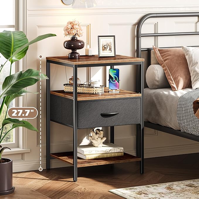 SUPERJARE Night Stand with Charger Station, 27.7 Inch Tall Nightstand with Adjustable Fabric Drawer, Bed Side Table, Fabric Drawer Dresser for Bedroom, Living Room, Rustic Brown and Black - Image 2