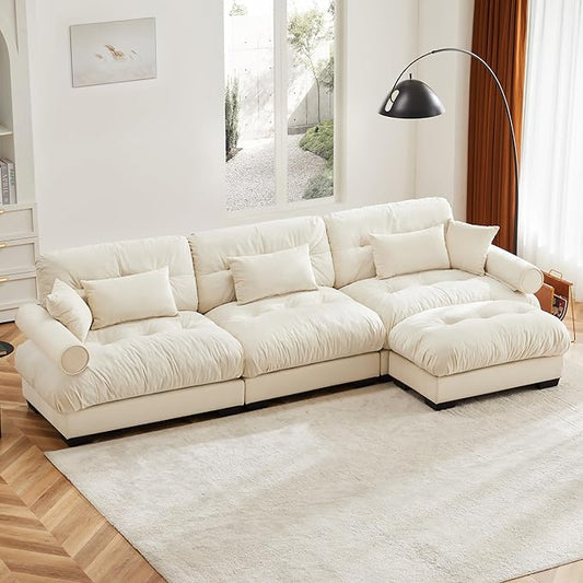 KEIKI 130" L-Shaped Oversized Velvet Modular Sectional Sofa with 1 Ottoman, High-Density Foam Cushions and Bolstered Armrests, Upholstered 3-Seater Cloud Couch with 5 Pillow, for Living Room, Cream