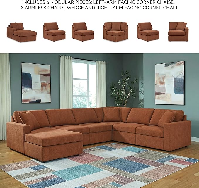 Signature Design by Ashley Casual Modmax Stain Resistant U-Shape Right-Arm Facing 6-Piece Sectional with Chaise and Reversible Cushion, Orange