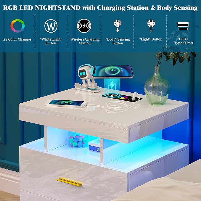 WOOVIVS Night Stand with Light, High Gloss Nightstand with USB/Wireless Charging Station, LED White Nightstands with Storage Drawers, RGB Side End Table for Bedroom Furniture（White - Image 5