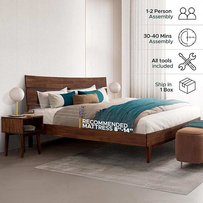Acacia Aurora Queen Solid Wood Bed Frame with Headboard – Gift Matching Nightstand Included, Mid-Century Modern Farmhouse, Walnut Finish, 800 lbs Capacity, Sturdy, No Box Spring, Easy Assembly