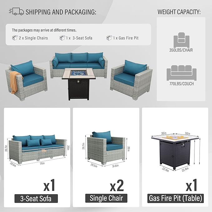 WAROOM Patio Furniture Set 4 Piece Outdoor Wicker Conversation Sets PE Rattan Couch Sectional Sofa with 30" Fire Pit Table, Peacock Blue Cushion