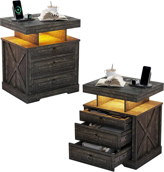 WOOVIVS Side Table Set of 2 with Gun Drawer - Farmhouse Night Stand Set 2 with Charging Station for Bedroom, Smart End Table with LED Lights for Livingroom, Hidden Compartment Nightstands-Brown by WOOVIVS
