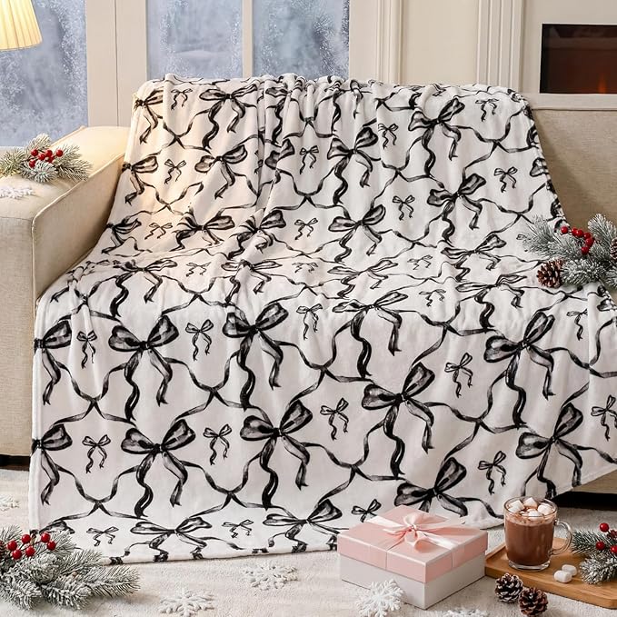 Buryeah Black Bow Throw Blanket Valentine's Day Galentines Day Gifts Preppy Blanket Coquette 50 X60 Flannel Soft Cute Bow Lightweight Aesthetic Room Decor for Women Friends for Sofa Couch Travel Bed