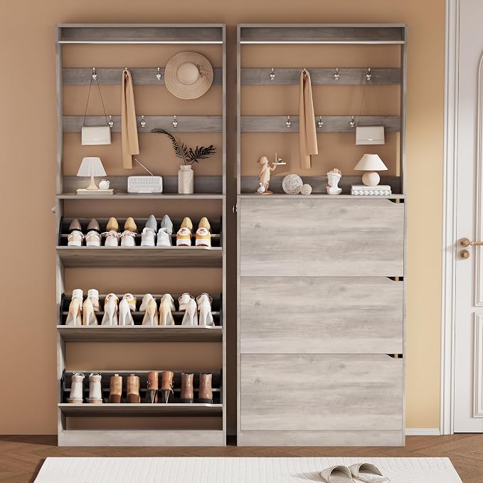 Shoe Storage Cabinet, Wood Shoe Organizer for Entryway with 3 Flip Drawers, Freestanding Shoe Rack with Adjustable Shelf, Narrow Shoe Dresser for Front Door Entrance(Grey, 78.74" x 31.5" x 9.37") - Image 3