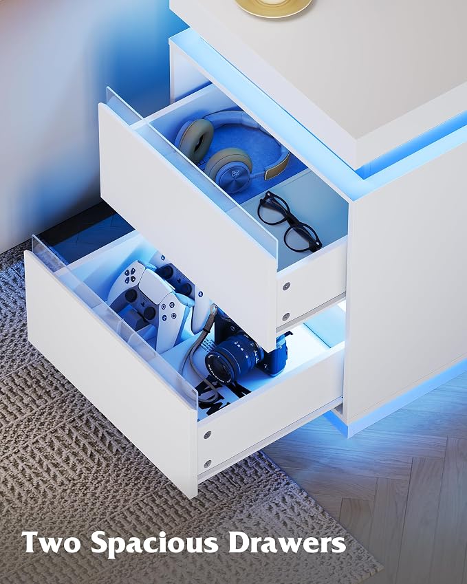 WLIVE White Nightstand with Charging Station and LED Lights, Bedside Table with 2 Wooden Drawers and Sliding Top, Modern End Table Side Table for Bedroom, Living Room, Office - Image 6
