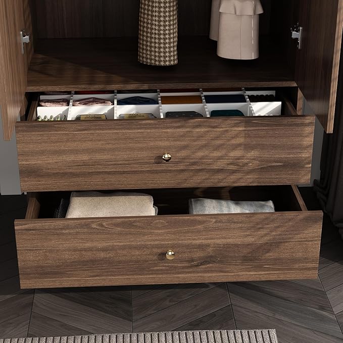Hitow Wardrobe Armoire Closet with 2 Doors, Wardrobe Cabinet with 2 Drawers & Hanging Rod, Bedroom Armoire Clothes Organizer with Gold Handles, Type B Brown (31.5" W x 19.1" D x 65.1" H)