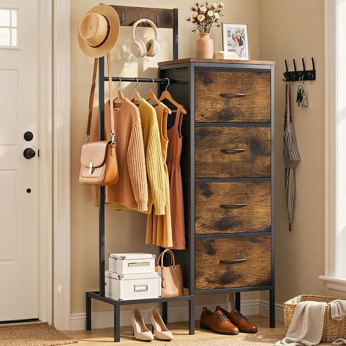 Lewondr Dresser with Hanging Rack and Storage Drawers, 4 Drawer Chest with Hooks and Hat Rack, Rustic Entryway Organizer for Clothes, Bags, Shoes and Accessories, Brown Wood Finish by Lewondr