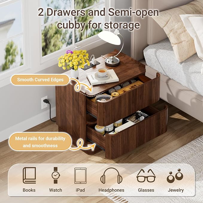 Night Stand Set 2, 23" Wide Nightstands Set of 2, Handleless 2 Drawer Nightstand with Charging Station, Walnut End Table w/Storage, Modern Wooden Bedside Table for Bedroom, Rounded Corners - Image 4