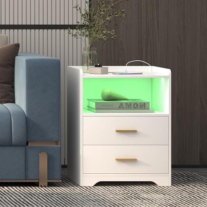 dnbss White LED Nightstand with Charging Station and 24-Color RGB Lights, Smart Night Stand with Human Sensor Lighting, Modern Bedside Table for Bedroom - Image 7