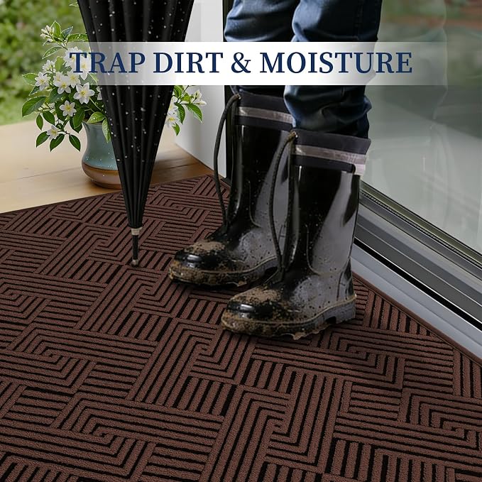 YIHOUSE Dirt Trapper Door Mat Set of 2, Non-Slip Washable Entrance Mat, Dirt Resistant and Absorbent Welcome Mat, Low Profile Floor Mat for Front/Back Door, Entryway, 24"x36" + 32"x47", Brown - Image 2