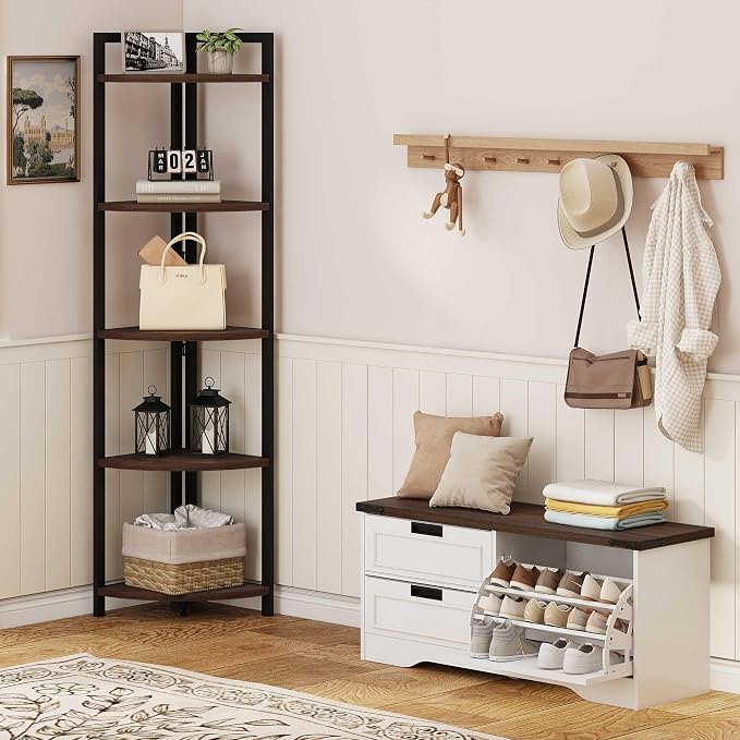 FATORRI Shoe Storage Bench with Flip Drawer, Wooden Entryway Bench, Modern Shoe Cabinet with Removable Drawers for Hallway, Living Room (Walnut Brown & White Oak) - Image 6