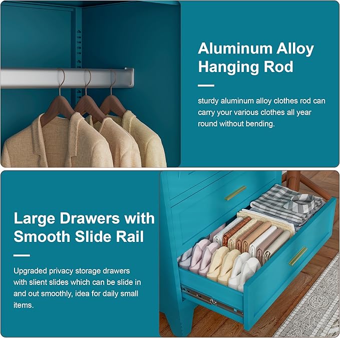 LCAOPC 71" Tall Metal Wardrobe Cabinet with 2 Drawers and Hanging Rod, 2 Doors Armoire Wardrobe Closet with Shelf for Bedroom, Office, Laundry Room, Blue