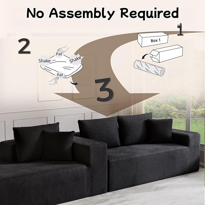 L-Shape Cloud Sectional Sofa, 104” Modern Modular Boneless Couch with Right Chaise Lounge, Compressed Floor Sofa with 5 Pillows & Deep Seat, Rain Drop Velvet Couch for Living Room, Black
