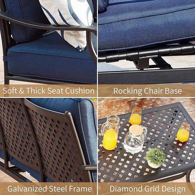 PatioFestival Patio Conversation Set 6 Pieces Metal Outdoor Furniture Seating Sets with Blue Thick Cushions, Rocking Chairs & Coffee Table & Loveseat