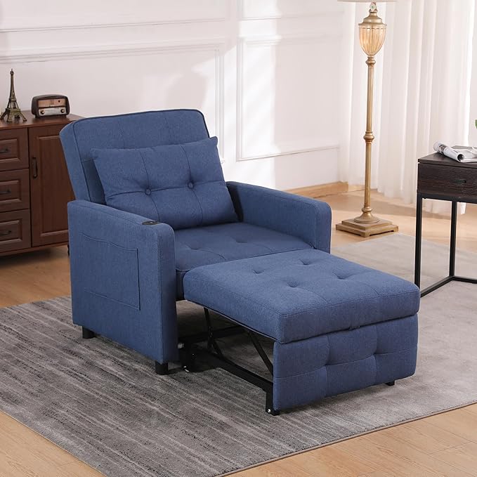 Ball & Cast 3 in 1 Sleeper Sofa Bed,Convertible Pull Out Couch with USB Ports and Side Pocket,Single Sofa Chair W/Adjustable Backrest,Futon Chaise Lounge for Living Room,Apartment,Blue,31"