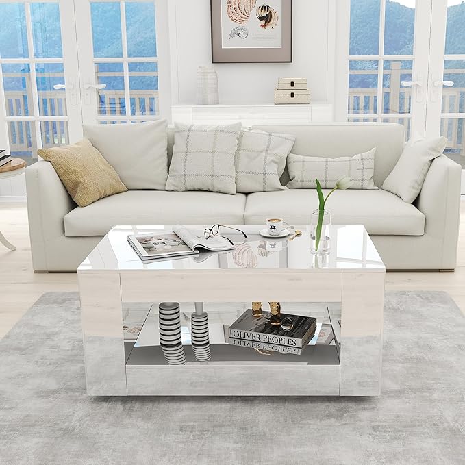 39" High Gloss Wood Coffee Table for Living Room, Sides Storage with Transparent Legs, Modern 2-Tier Storage Shelf Center Table for Home Office, Apartment, White