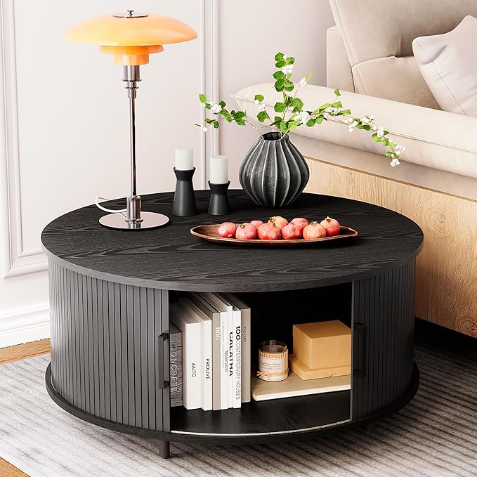 COSIEST Round Coffee Table with Storage, 31.5" Modern Black Coffee Table with 360° Sliding Door, Fluted Wood Accent Center Table with Adjustable Footpads for Living Room