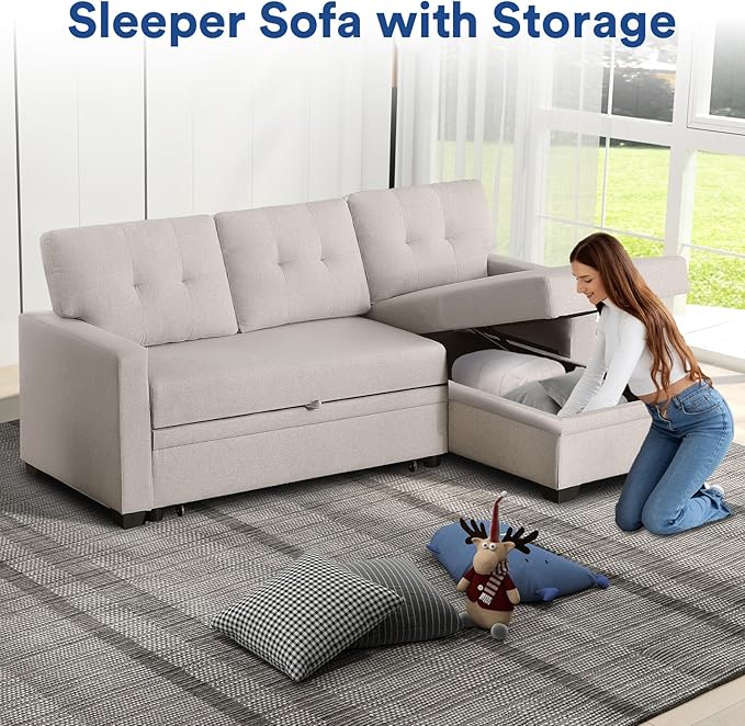 Rovibek 4-in-1 Convertible Sleeper Sofa Bed with Pull Out Bed - L Shaped Couch with Reversible Chaise & Storage, Space-Saving Hidabed for Living Room, Bedroom, Dorm, Office