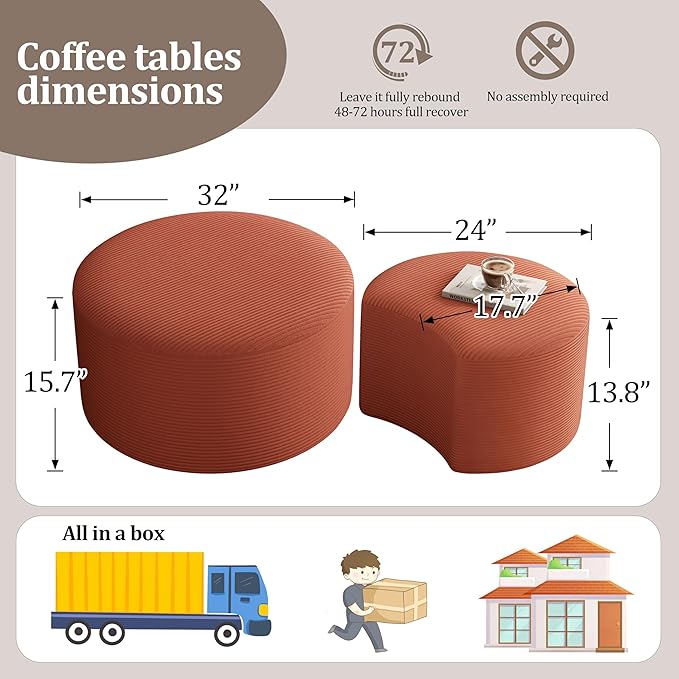 Nesting Coffee Table Set of 2, Upholstered Round Corduroy Circle Foam Round Side Table for Living Room, Entryway Set, 32"+17" Footrest No Assembly (Orange, 32"+17")