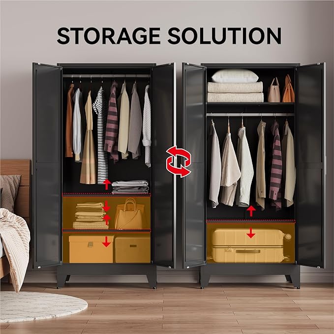 71" Tall Metal Armoire Wardrobe Closet,17.7" Deep By 31.5" Wide Portable Closet for Hanging Clothes,Wardrobe Cabinet with Adjustable Shelves for Bedroom Office Laundry Room,Black 1 Pack