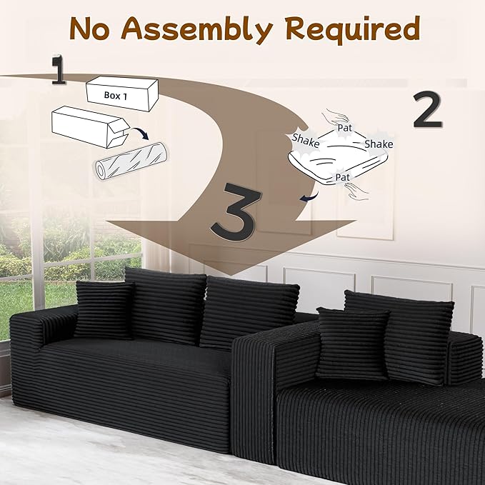 L-Shape Cloud Sectional Sofa, 104” Modern Modular Boneless Couch with Right Chaise Lounge, Compressed Floor Sofa with 5 Pillows & Deep Seat, Flannel Velvet Couch for Living Room, Black