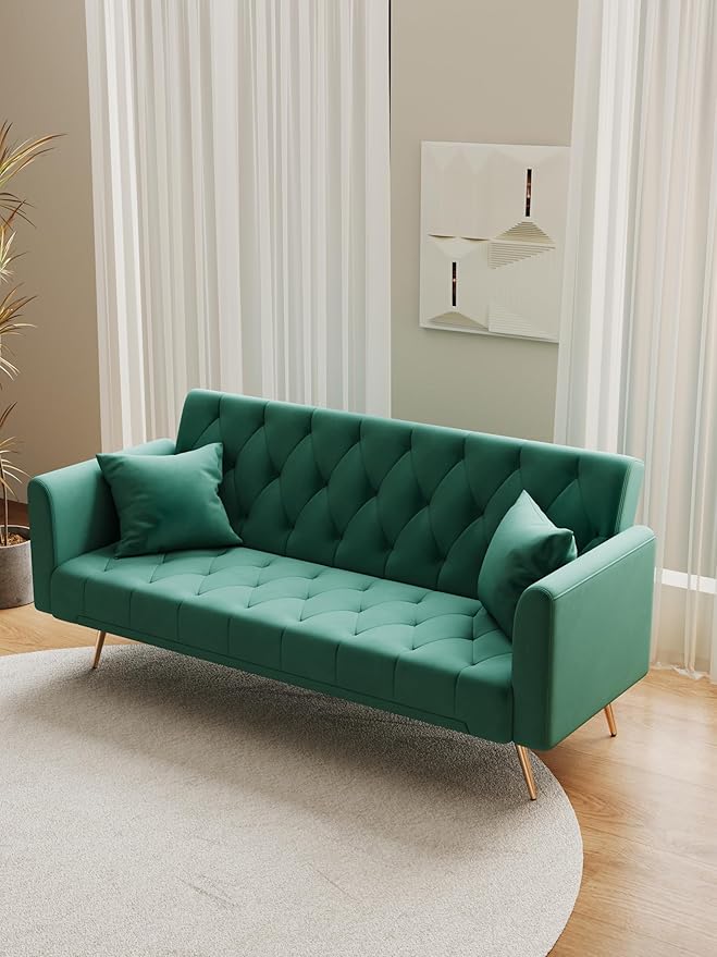KEIKI 71 INCH Loveseat Sofa with Adjustable Backrest, Upholstered 2 Seater Velvet Couch for Living Room Bedroom Office Apartment, Green