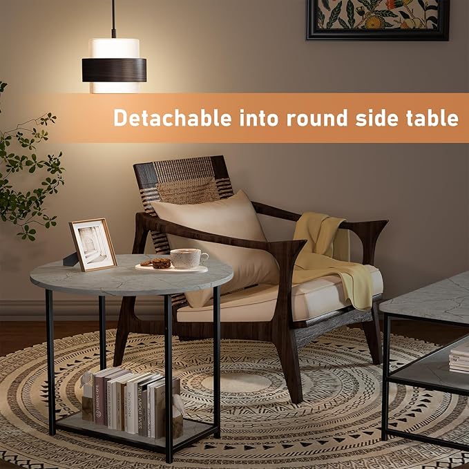 WOHOMO Coffee Table, Modern Style Coffee Tables for Living Room Marble Center Table with Storage 2 in 1 Detachable Nesting Table Set, Grey Marble