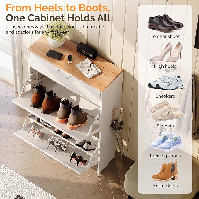 VINGLI Set of 2 Shoe Cabinet Storage for Entryway, Ultra Slim Shoe Organizer with 2 Flip & 1 Drop-Down Drawers, 2-Pack Narrow Shoe Cabinet 24.8" W for Front Door, Freestanding Modern White Shoes Rack - Image 7