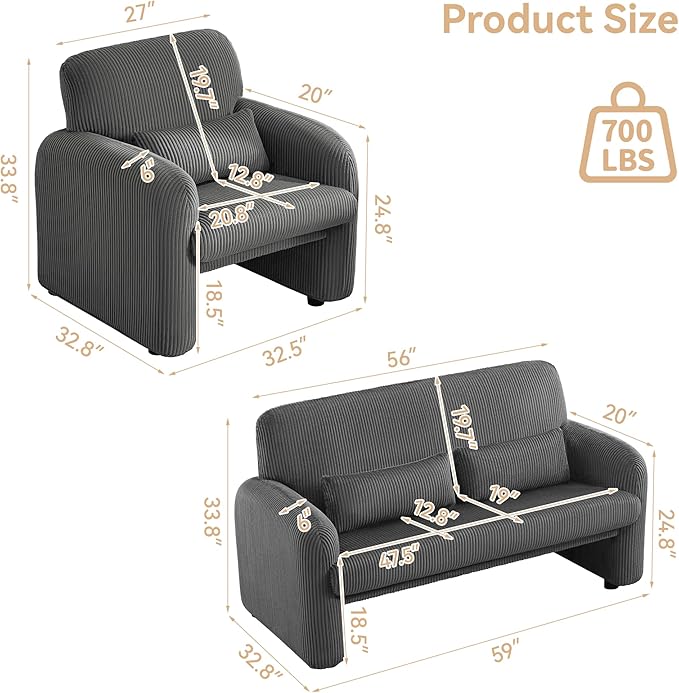 WUTUTUEE Corduroy Accent Living Room Sets, Modern Upholstered Love Seat with 2 Accent Chairs, Wide Comfy Leisure Chair Sets for Bedroom, Office, Grey