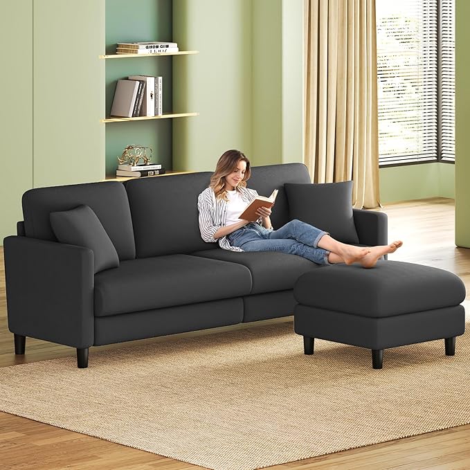 83" Couches for Living Room, Comfy Sofas for Living Room with Storage Ottoman, Teddy Sofa Couch, Tool-Free Loveseat Sofa, All-Wood Love Seat Couches, L Shaped Couch 2 Pillow Included, Grey